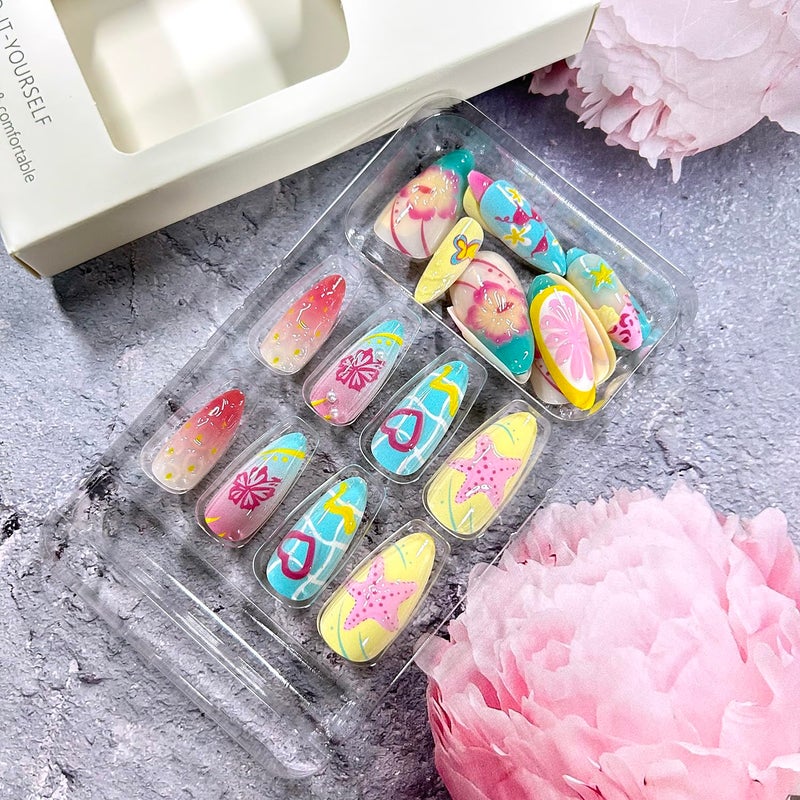 CJDLTS Colorful Flower Medium Almond Shaped Artificial Acrylic Nail 3D Gradient Floral with Love Heart Pearl Design Stick on Nails Full Cover Reusable Coffin Press on Nails Artificial Fingernails for Women - Image 4